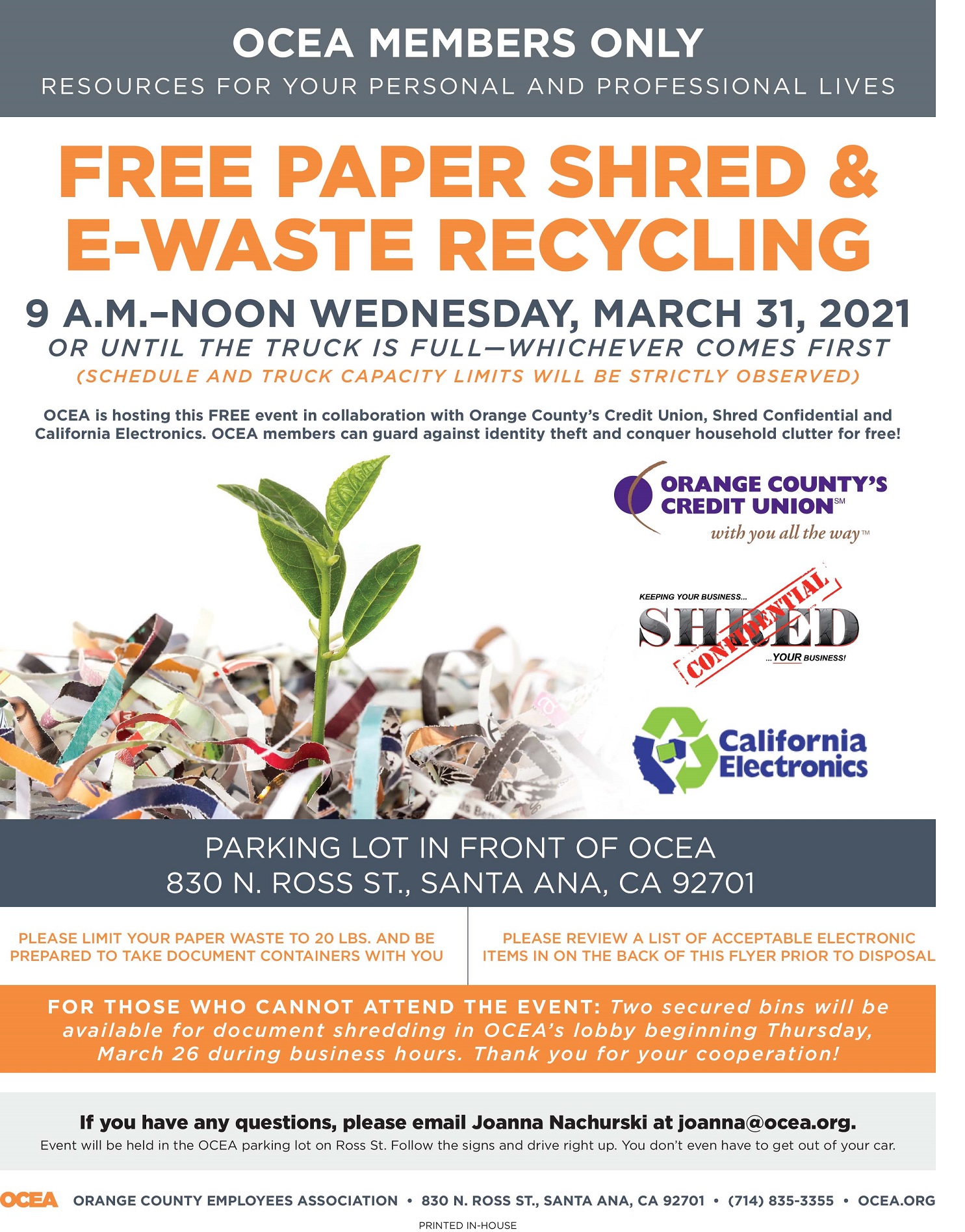 FREE PAPER SHRED EVENT Wednesday, March 31! Orange County Employees