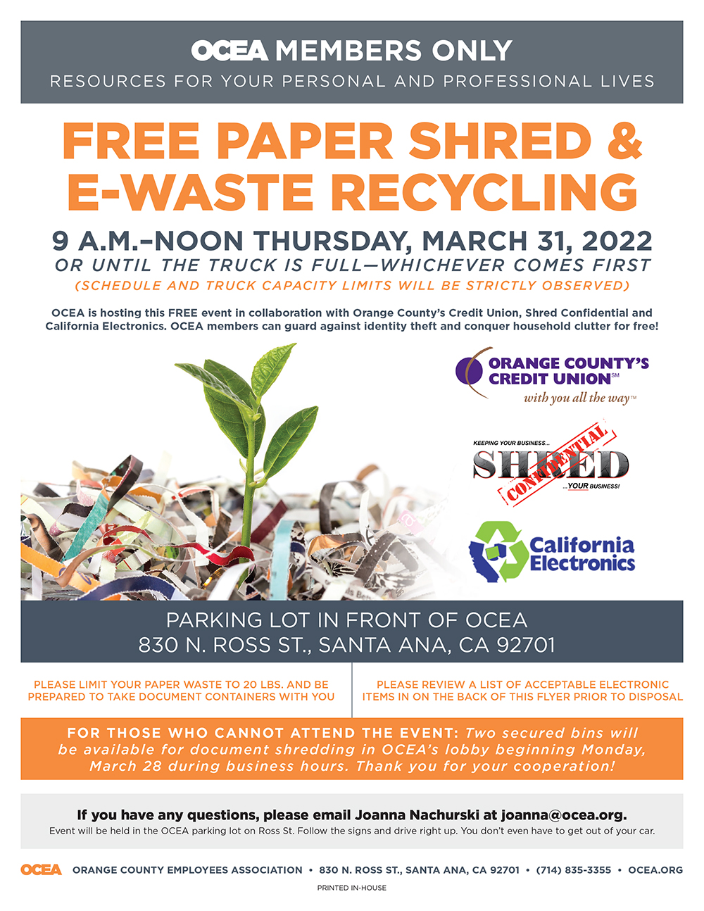 FREE PAPER SHRED EVENT Thursday, March 31! Orange County Employees